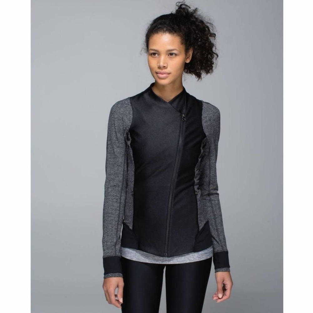 Lululemon Emerge Renewed Asymmetrical-Zip Moto Jacket in Black Herringbone - Picture 2 of 9